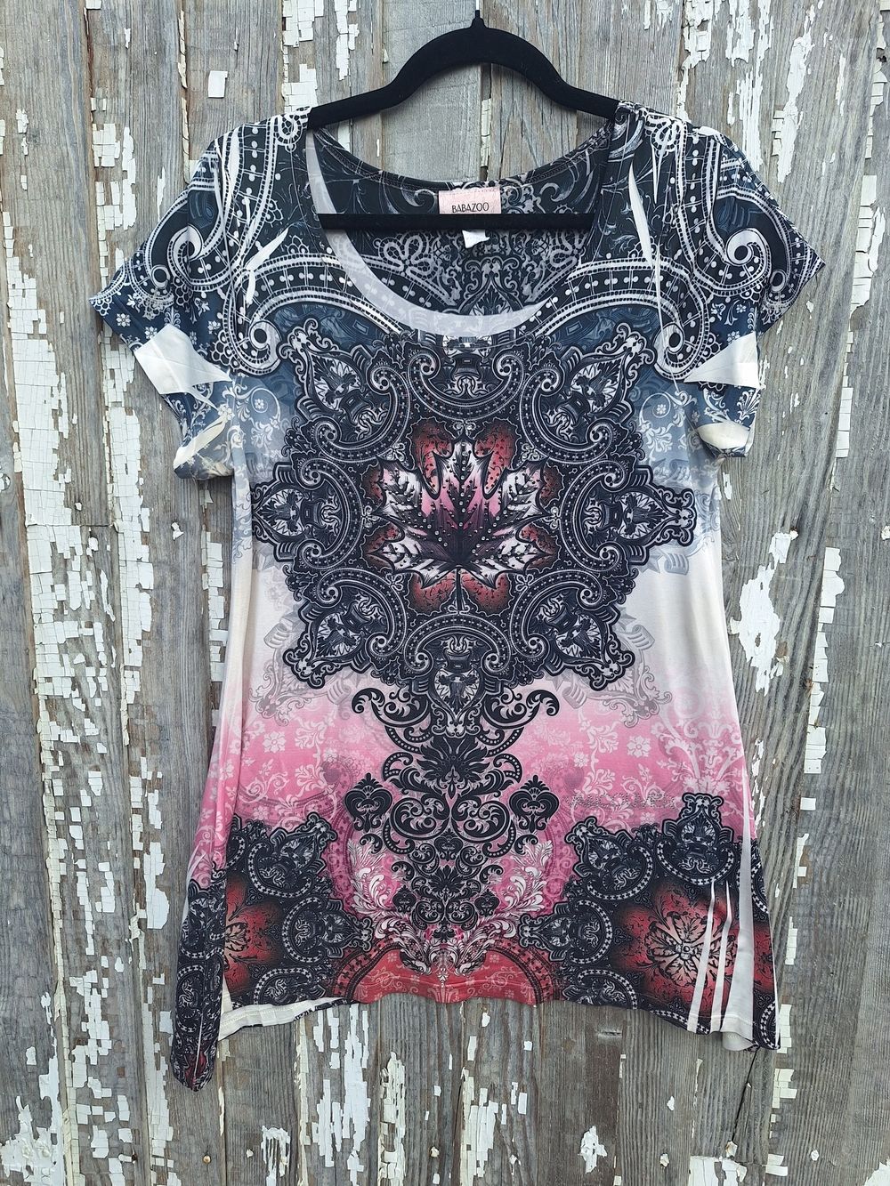 Y2K Pink Ombre Paisley Short Sleeve Scoop Neck Top Size XL